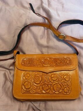 Hand-Tooled Floral Crossbody Bag in Tan Leather
